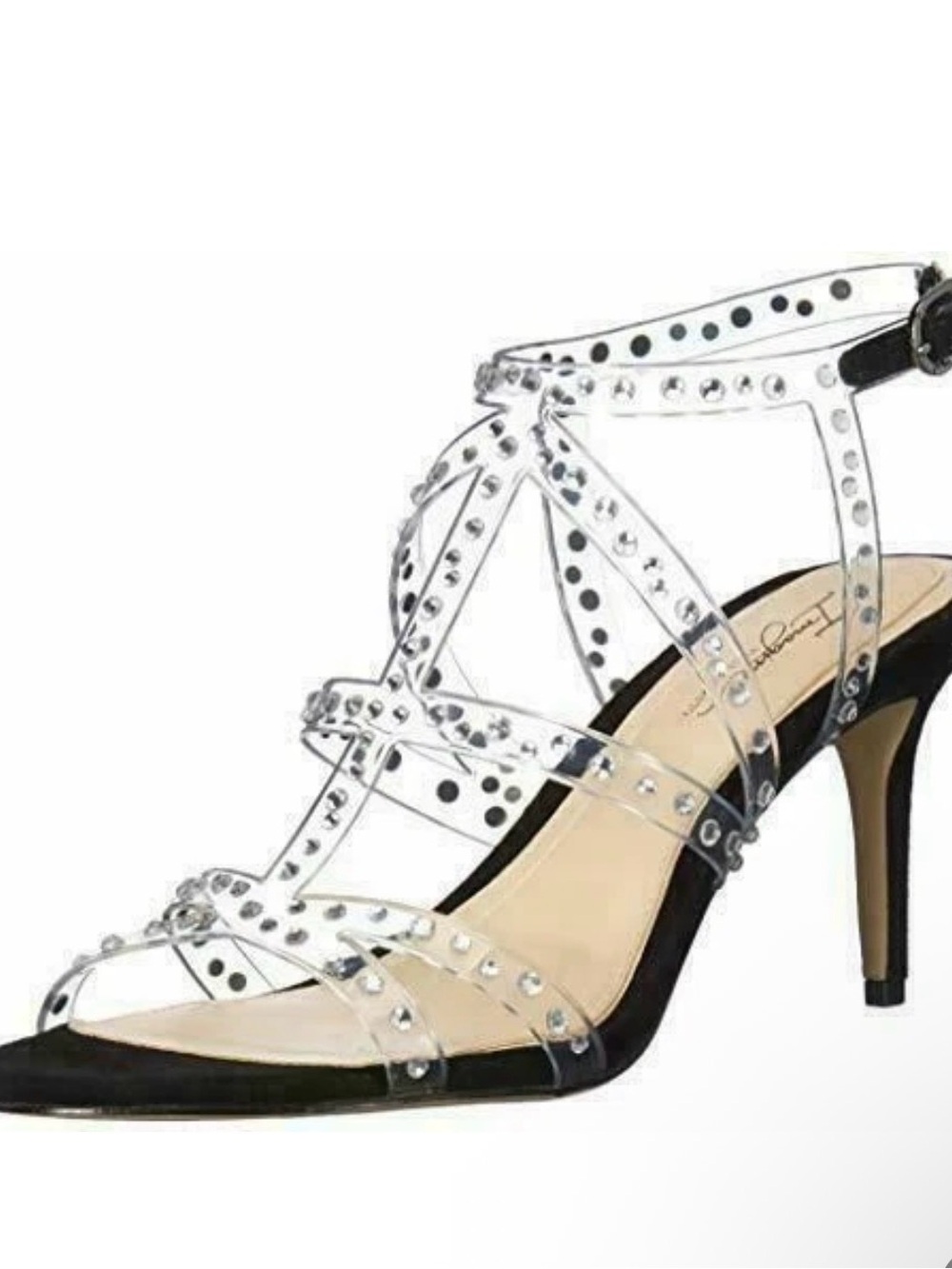 Vince Camuto Clear Rhinestone Strappy Mid-Heel Sandal - Black/Clear